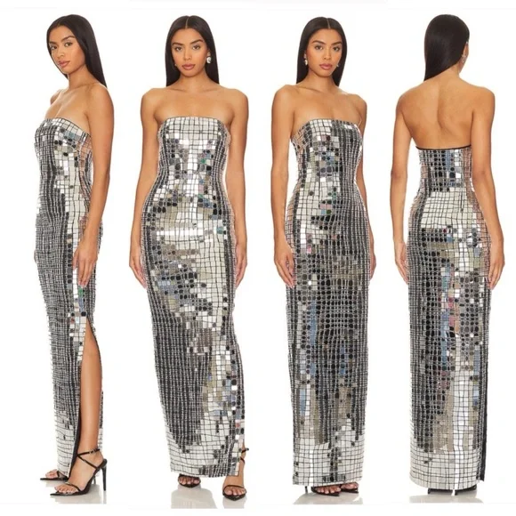 RETROFÊTE Imani Disco Ball Silver Metallic NYE New Year’s Eve Evening Gown Small